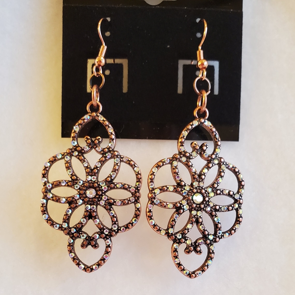 Womens copper floral hook earrings with rhinestone